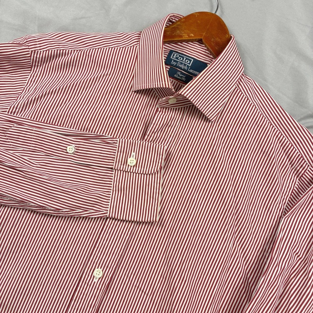 VTG Polo Ralph Lauren Button Down Shirt 15.5 33 Red Striped Regent Classic Fit